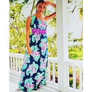 Lilly Pulitzer Malia Maxi Dress One Shoulder  Navy Peanut Gallery Print Sz S